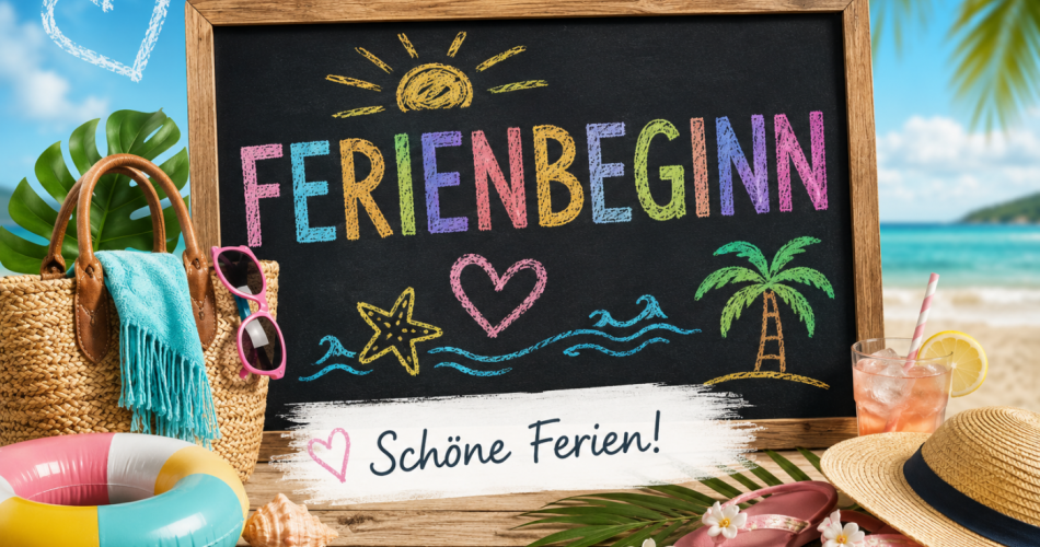 Bild mit Strand, Palmen und Tafel mit Schrift ferienbeginn